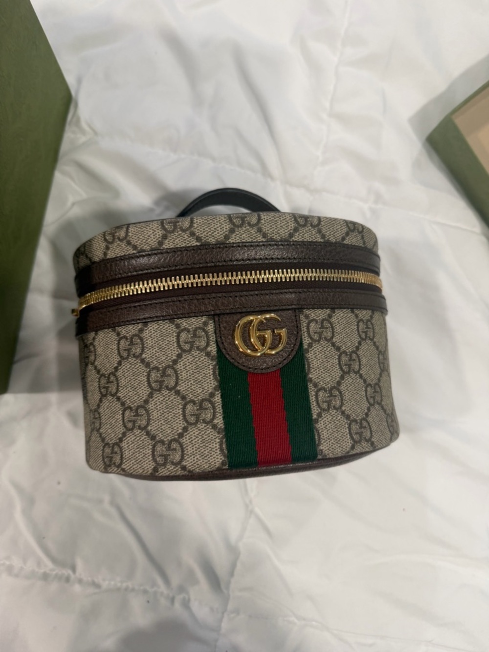 NWT GuccI monogram Calfskin Web Ophidia Vanity Cosmetic Beige Ebony  Acero